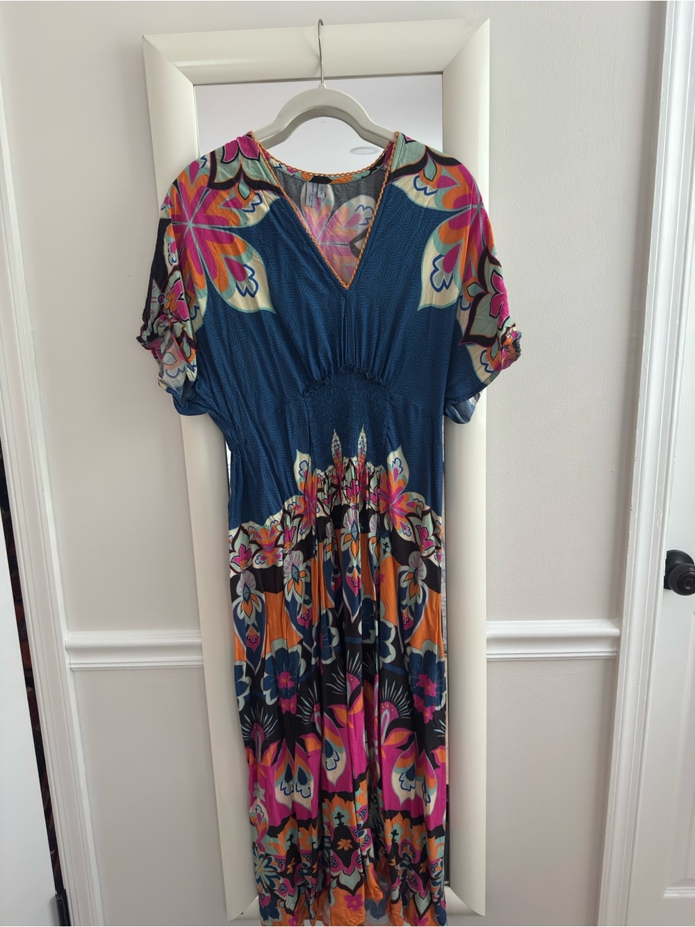 Anthropologie Teal Floral Midi Dress with Pink & Orange Accents